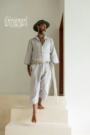 3/4 Linen Overalls for Men / Coverall Jumpsuit with Belt / Gray - ChintamaniAlchemi