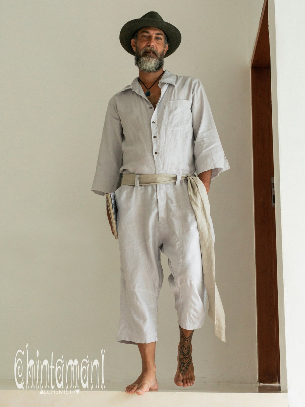 3/4 Linen Overalls for Men / Coverall Jumpsuit with Belt / Gray - ChintamaniAlchemi