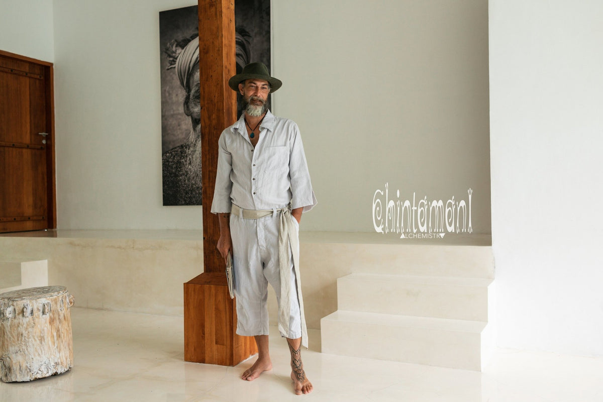 3/4 Linen Overalls for Men / Coverall Jumpsuit with Belt / Gray - ChintamaniAlchemi