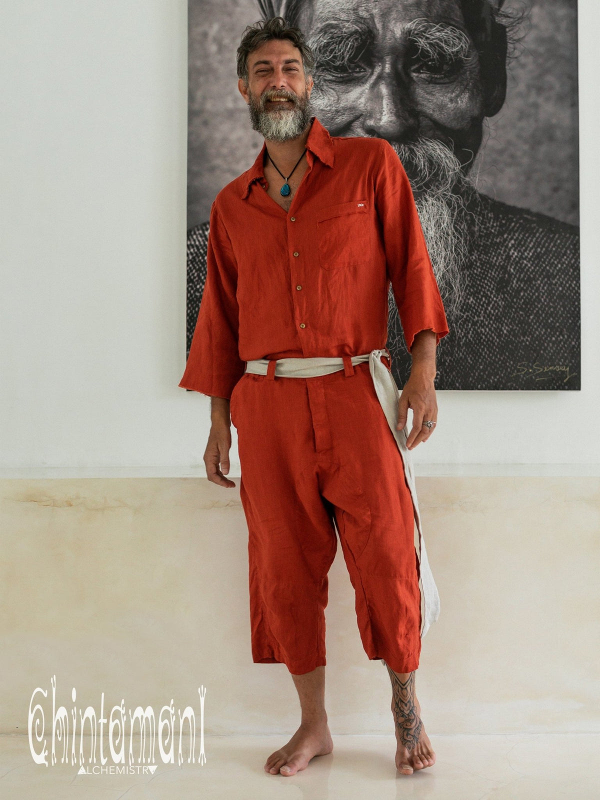 3/4 Linen Overalls for Men / Coverall Jumpsuit with Belt / Red Ohre - ChintamaniAlchemi