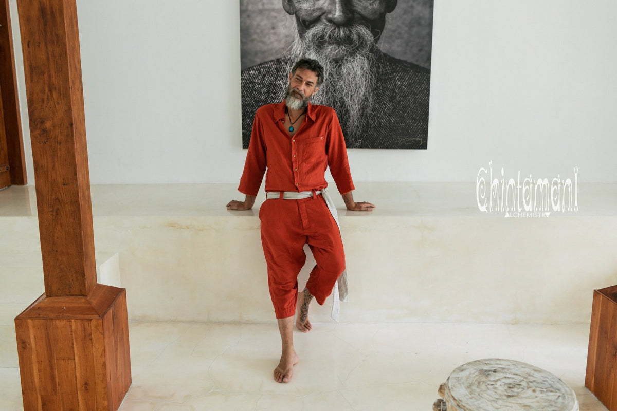 3/4 Linen Overalls for Men / Coverall Jumpsuit with Belt / Red Ohre - ChintamaniAlchemi