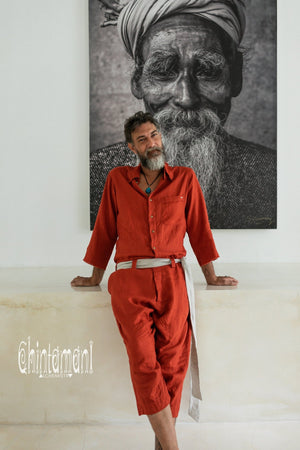 3/4 Linen Overalls for Men / Coverall Jumpsuit with Belt / Red Ohre - ChintamaniAlchemi