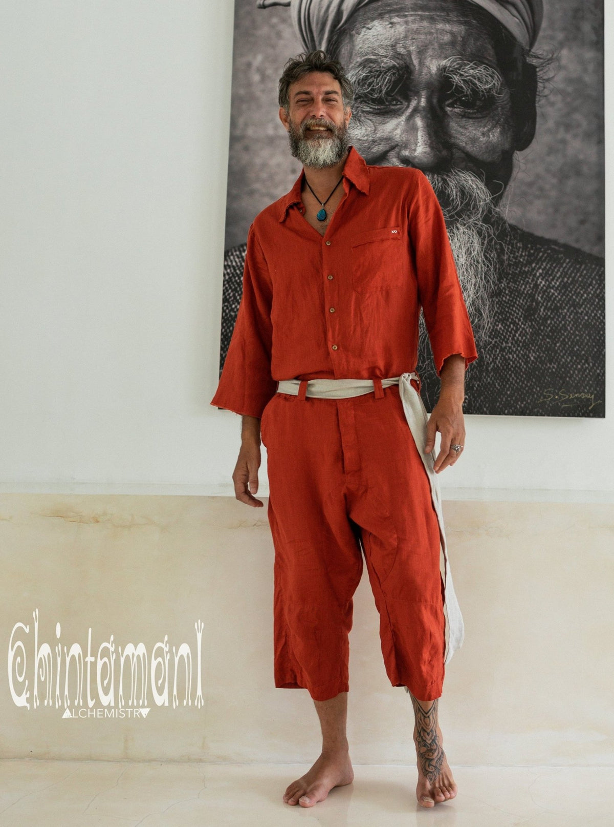 3/4 Linen Overalls for Men / Coverall Jumpsuit with Belt / Red Ohre - ChintamaniAlchemi