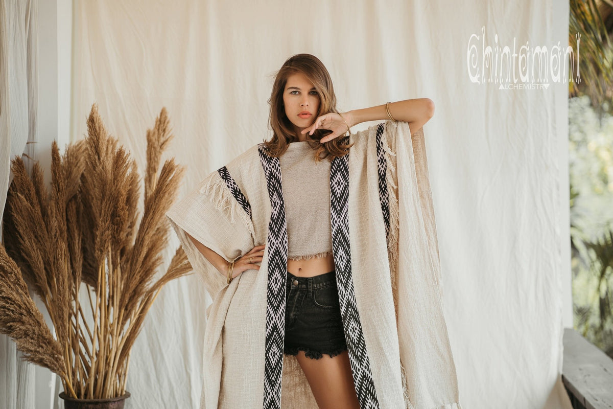 357 Poncho with tassels and hemp inserts / Off White - ChintamaniAlchemi