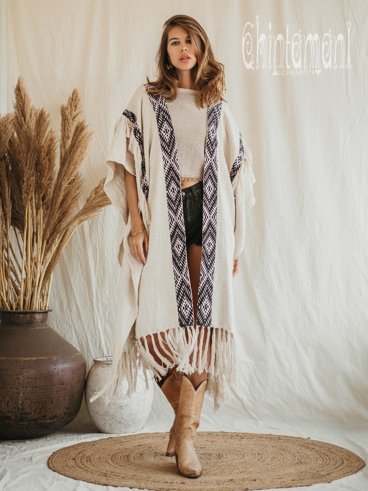 357 Poncho with tassels and hemp inserts / Off White - ChintamaniAlchemi