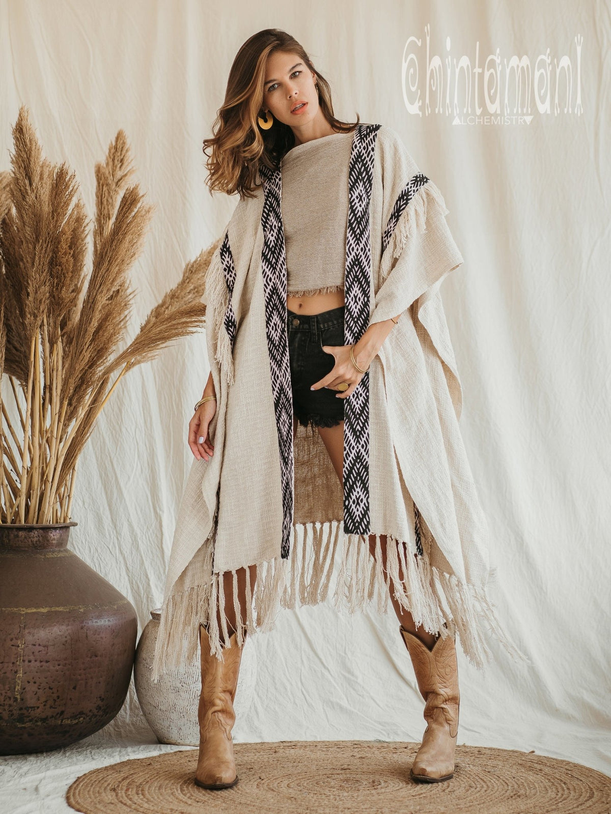 357 Poncho with tassels and hemp inserts / Off White - ChintamaniAlchemi