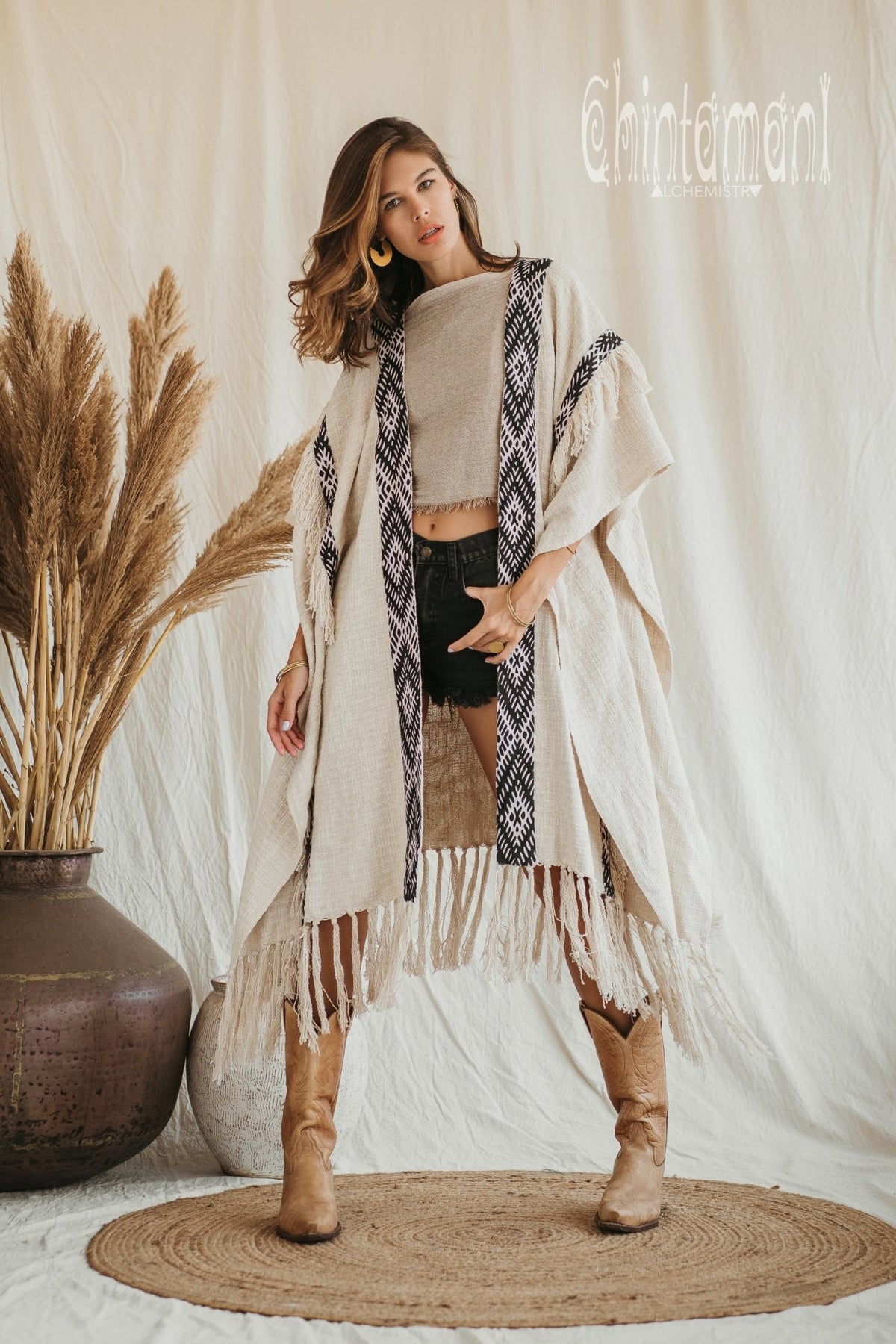 357 Poncho with tassels and hemp inserts / Off White - ChintamaniAlchemi