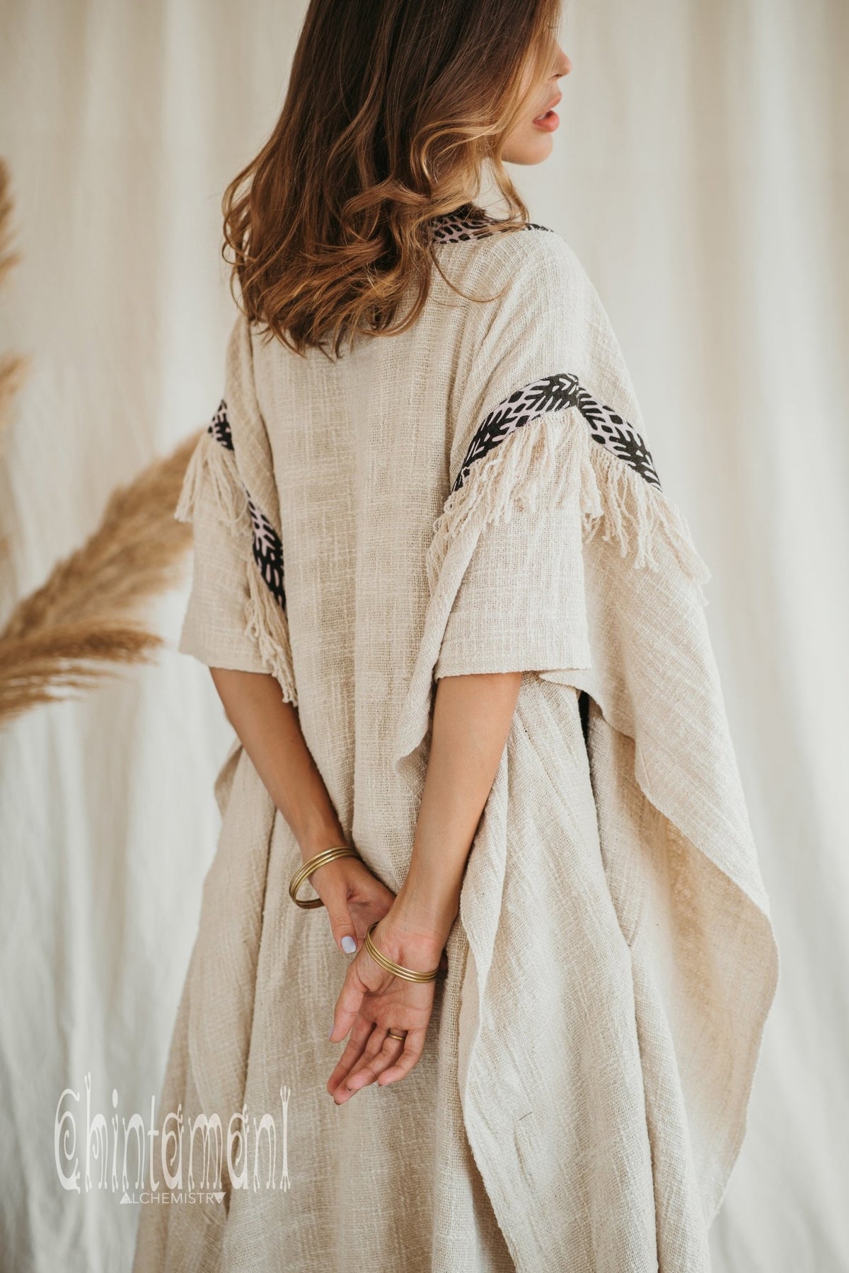 357 Poncho with tassels and hemp inserts / Off White - ChintamaniAlchemi