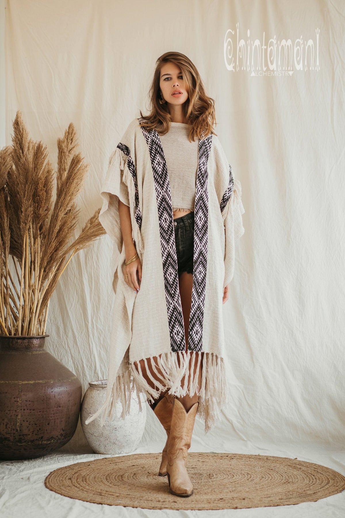 357 Poncho with tassels and hemp inserts / Off White - ChintamaniAlchemi