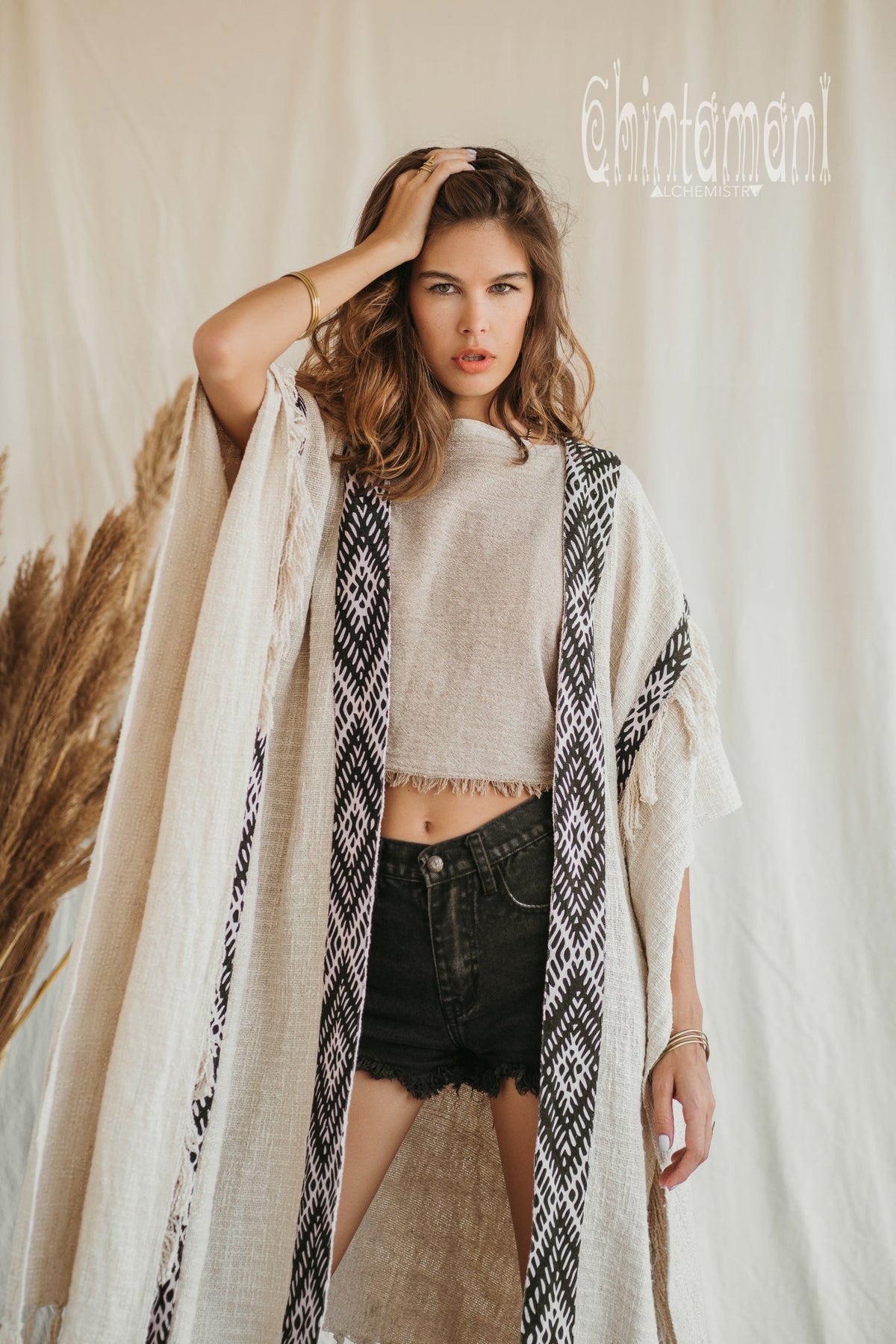 357 Poncho with tassels and hemp inserts / Off White - ChintamaniAlchemi