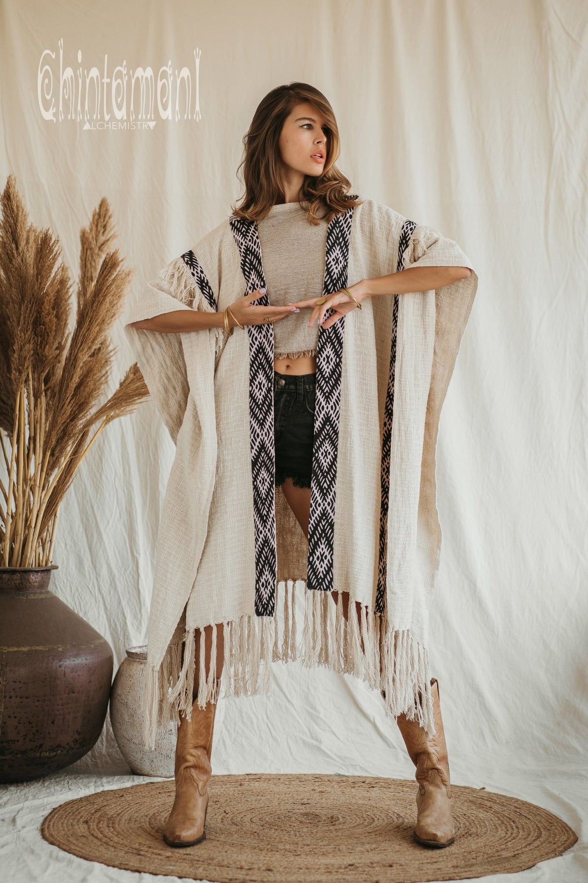 357 Poncho with tassels and hemp inserts / Off White - ChintamaniAlchemi