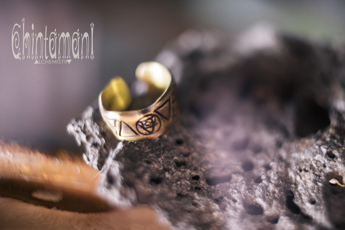 9 ELEMENTS Massive Brass Ring / Wide Rustic Band Ring / Sun &amp; Moon &amp; 4 Elements - ChintamaniAlchemi