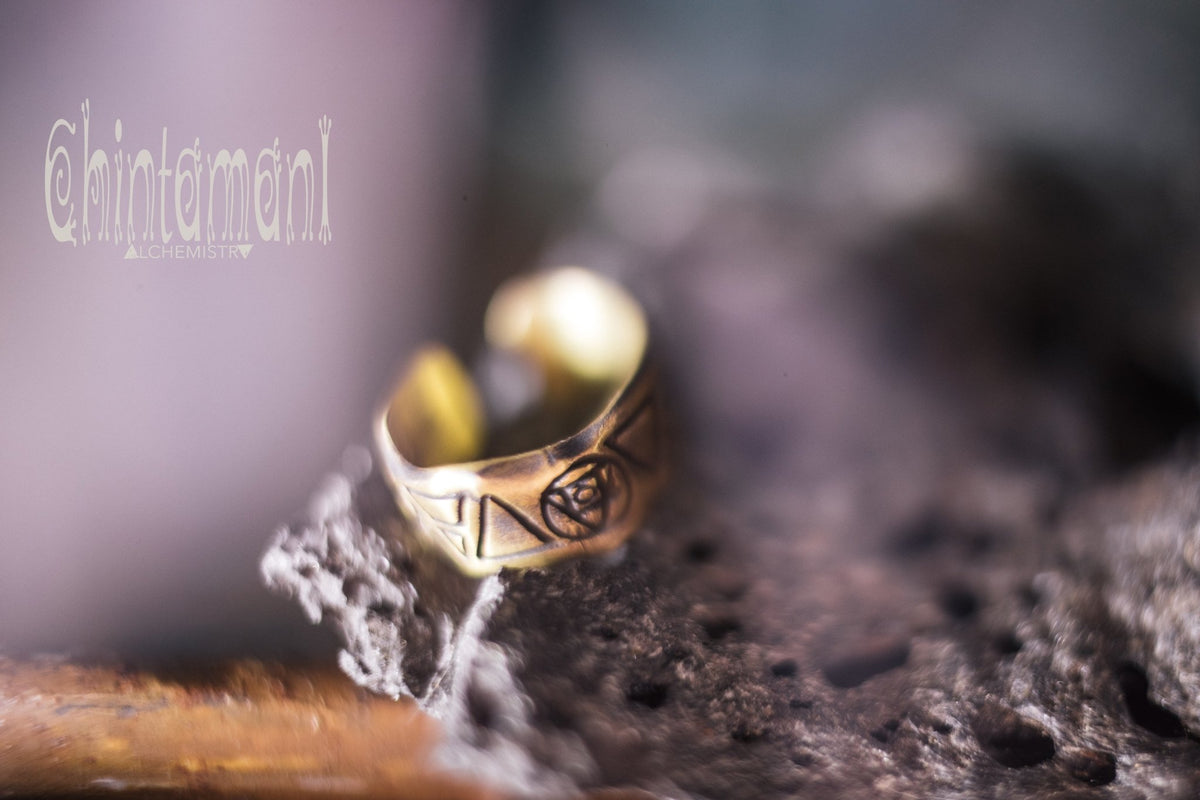 9 ELEMENTS Massive Brass Ring / Wide Rustic Band Ring / Sun &amp; Moon &amp; 4 Elements - ChintamaniAlchemi