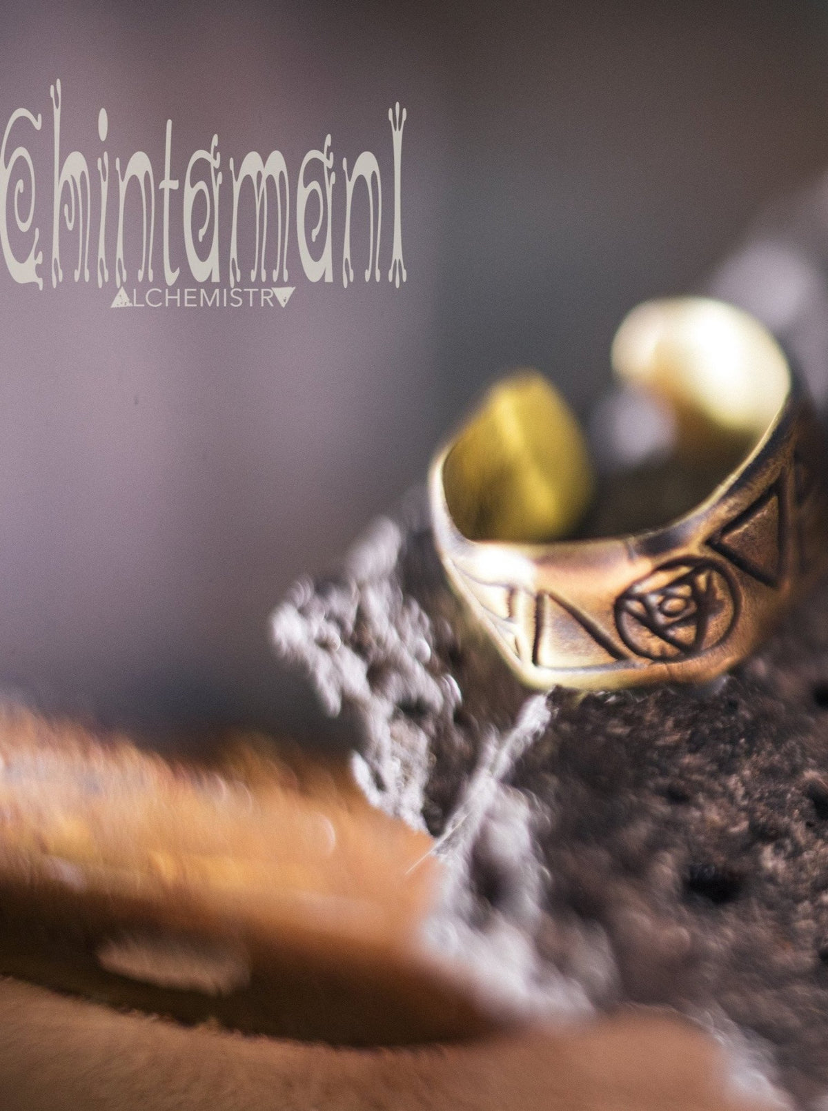 9 ELEMENTS Massive Brass Ring / Wide Rustic Band Ring / Sun &amp; Moon &amp; 4 Elements - ChintamaniAlchemi