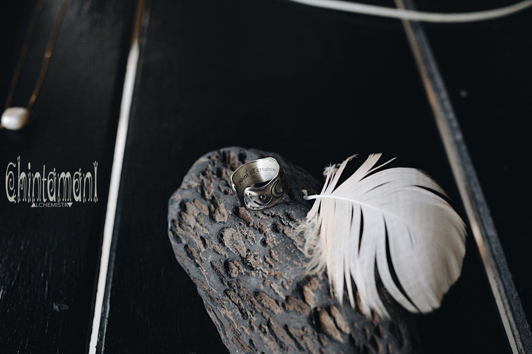 9 ELEMENTS Massive Brass Ring / Wide Rustic Band Ring / Sun & Moon & 4 Elements - ChintamaniAlchemi