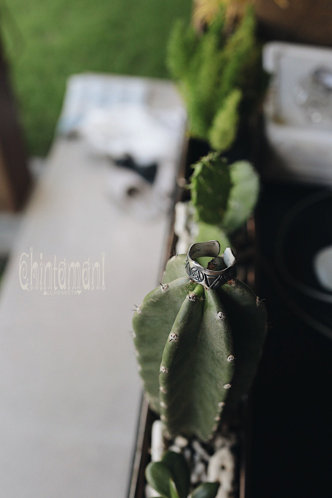 9 ELEMENTS Massive Brass Ring / Wide Rustic Band Ring / Sun & Moon & 4 Elements - ChintamaniAlchemi