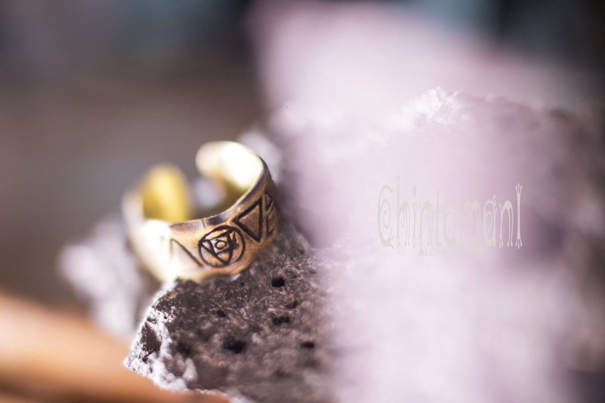 9 ELEMENTS Massive Brass Ring / Wide Rustic Band Ring / Sun &amp; Moon &amp; 4 Elements - ChintamaniAlchemi