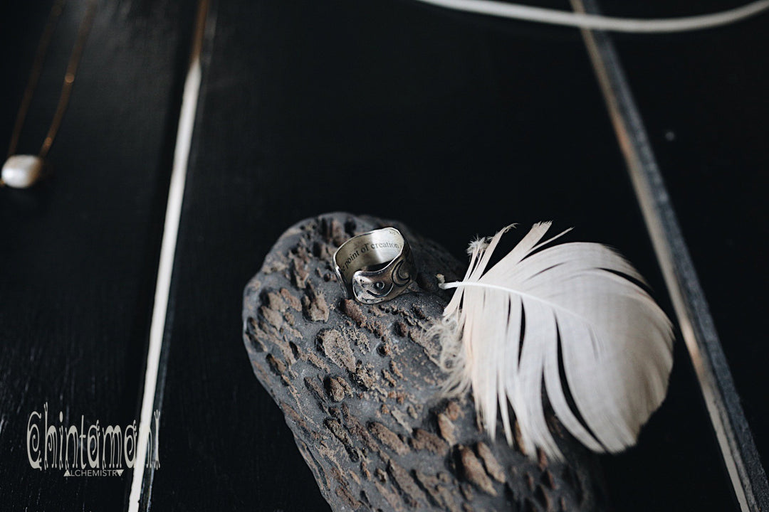 9 ELEMENTS Massive Silver Ring / Wide Rustic Band Ring / Sun & Moon & 4 Elements - ChintamaniAlchemi