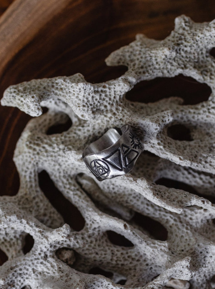 9 ELEMENTS Massive Silver Ring / Wide Rustic Band Ring / Sun & Moon & 4 Elements - ChintamaniAlchemi