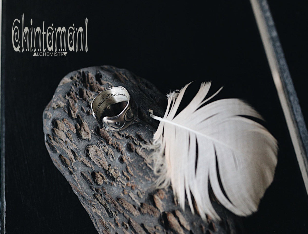 9 ELEMENTS Massive Silver Ring / Wide Rustic Band Ring / Sun &amp; Moon &amp; 4 Elements - ChintamaniAlchemi