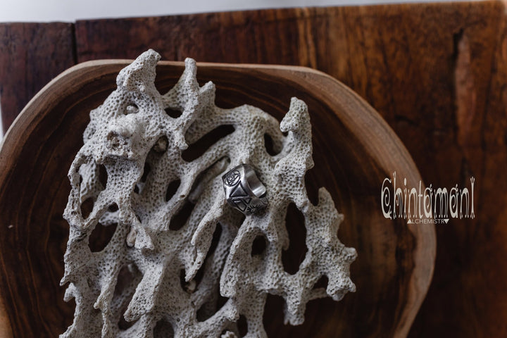 9 ELEMENTS Massive Silver Ring / Wide Rustic Band Ring / Sun & Moon & 4 Elements - ChintamaniAlchemi