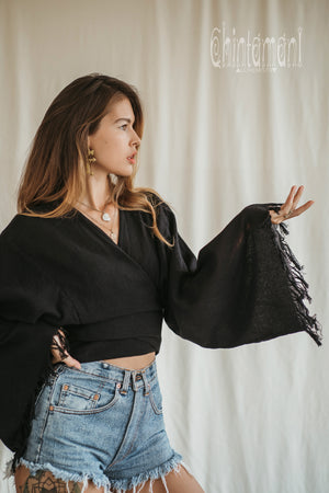Boho Kimono Wrap Top for Women / Wide Sleeve Organic Crop Top / Black