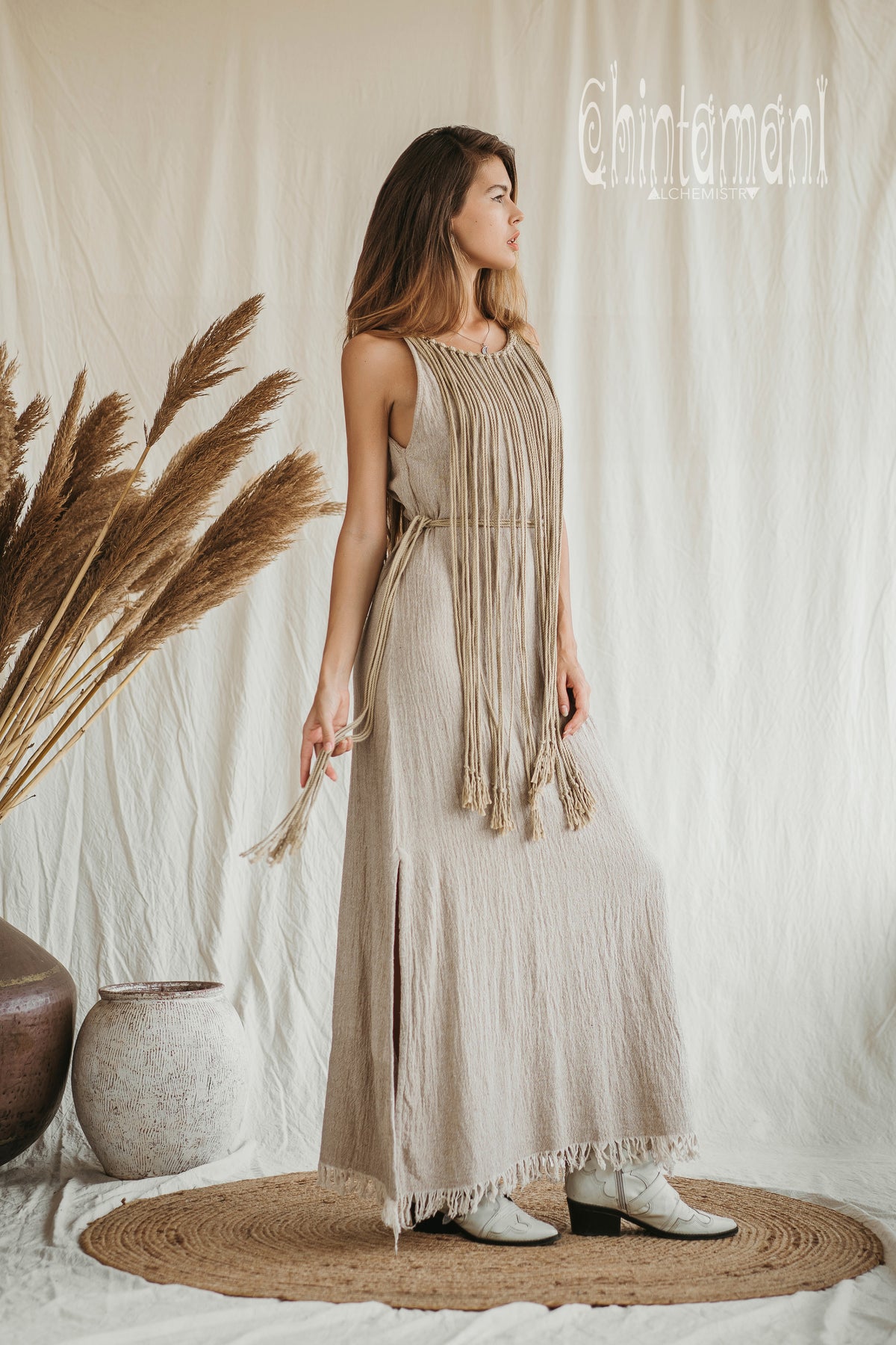 Rope Collar Boho Maxi Dress / Beige