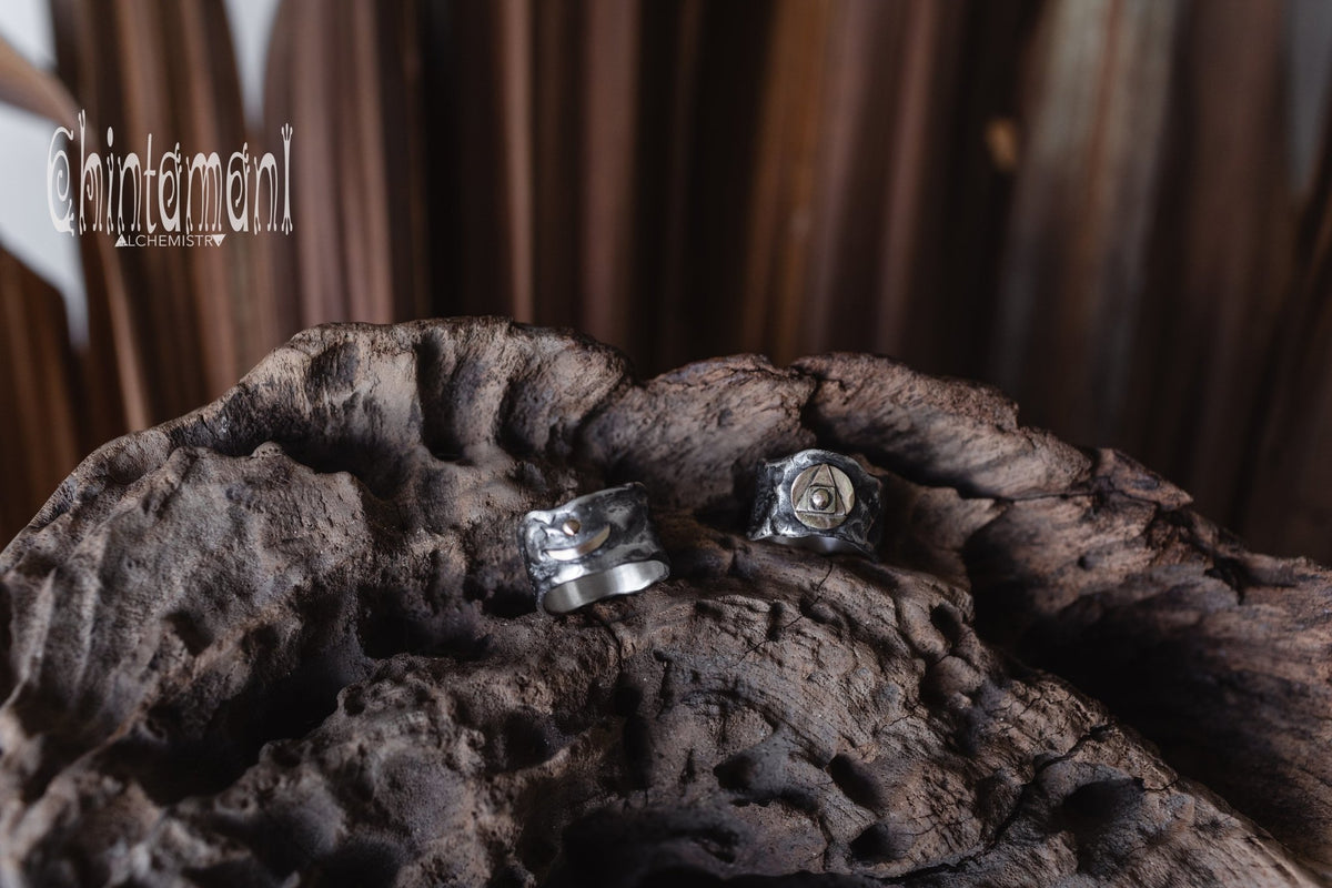 ALCHEMY Sterling Silver &amp; Gold Band Ring / Wide Rustic Textured Massive Ring - ChintamaniAlchemi