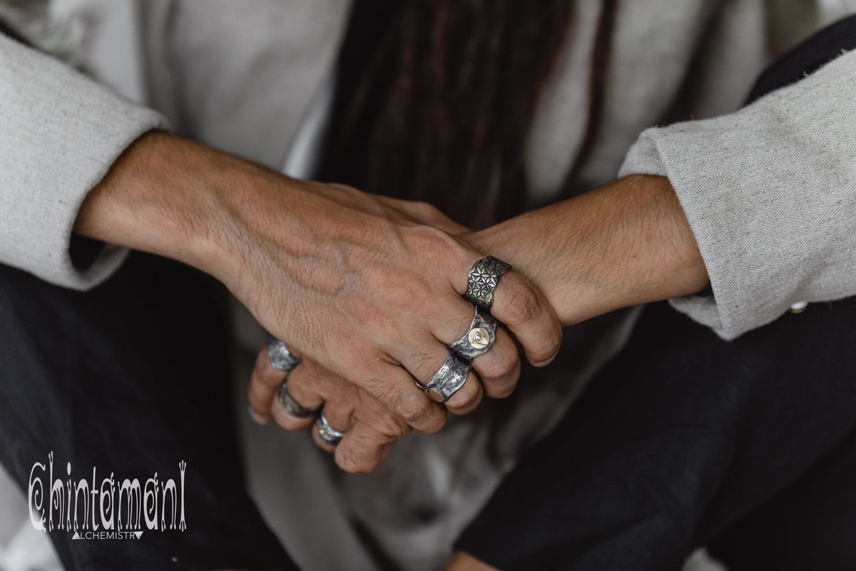 ALCHEMY Sterling Silver &amp; Gold Band Ring / Wide Rustic Textured Massive Ring - ChintamaniAlchemi