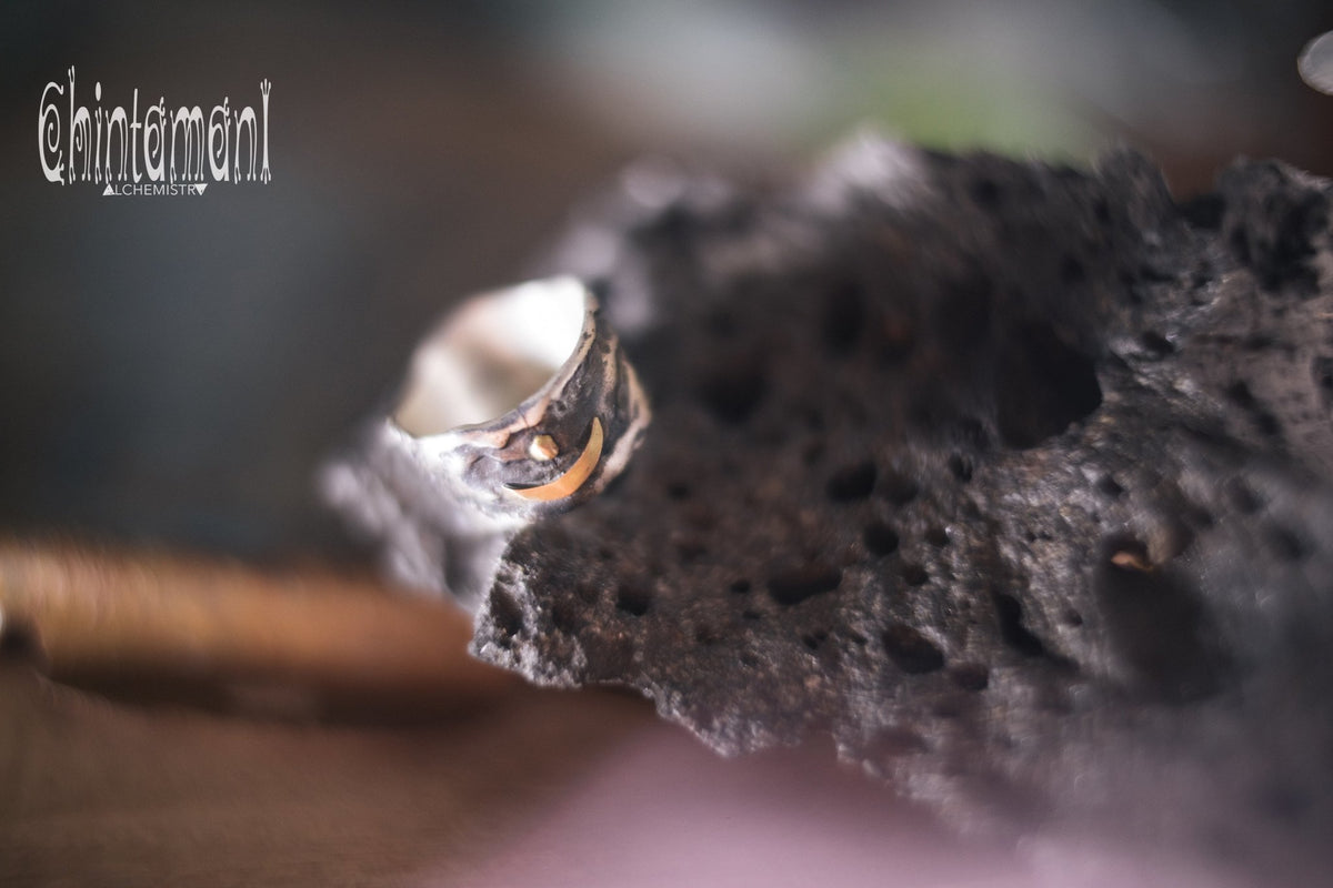 ALCHEMY Sterling Silver &amp; Gold Band Ring / Wide Rustic Textured Massive Ring - ChintamaniAlchemi