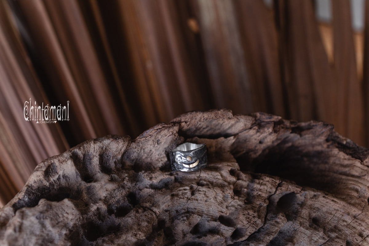 ALCHEMY Sterling Silver &amp; Gold Band Ring / Wide Rustic Textured Massive Ring - ChintamaniAlchemi