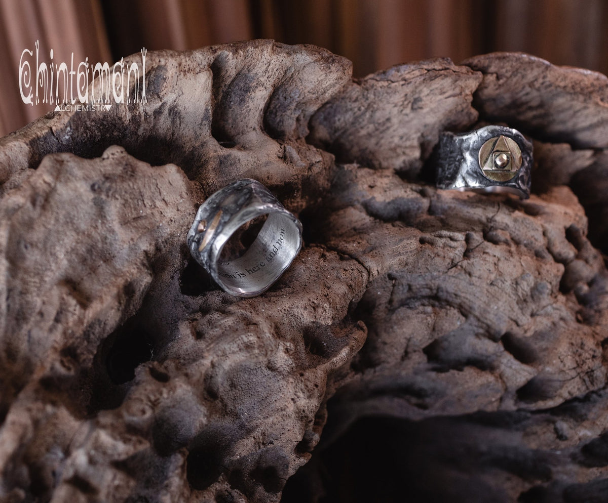 ALCHEMY Sterling Silver &amp; Gold Band Ring / Wide Rustic Textured Massive Ring - ChintamaniAlchemi