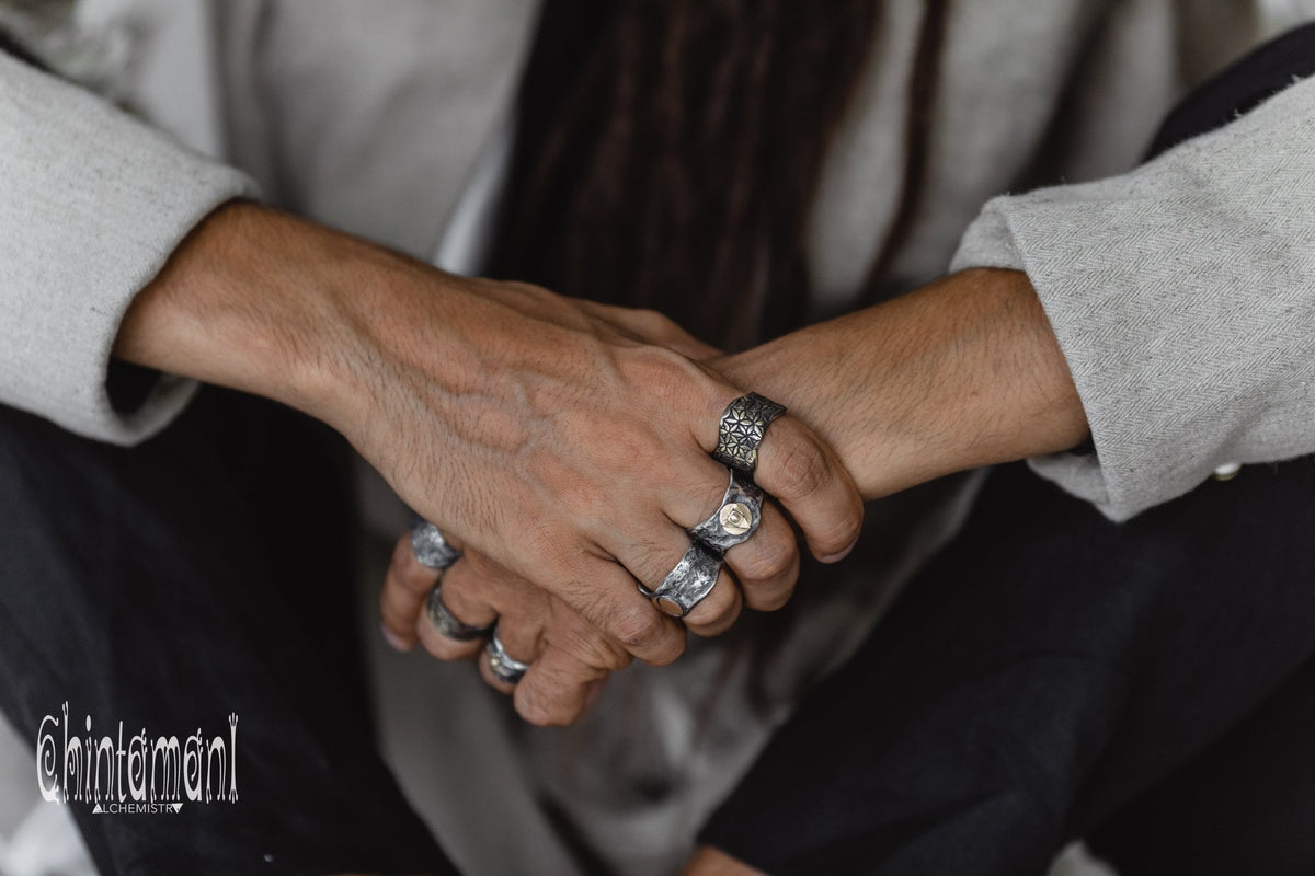 ALCHEMY Sterling Silver &amp; Gold Band Ring / Wide Rustic Textured Massive Ring - ChintamaniAlchemi