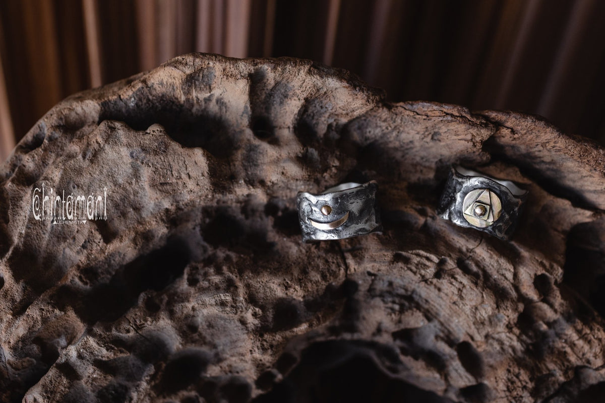 ALCHEMY Sterling Silver &amp; Gold Band Ring / Wide Rustic Textured Massive Ring - ChintamaniAlchemi