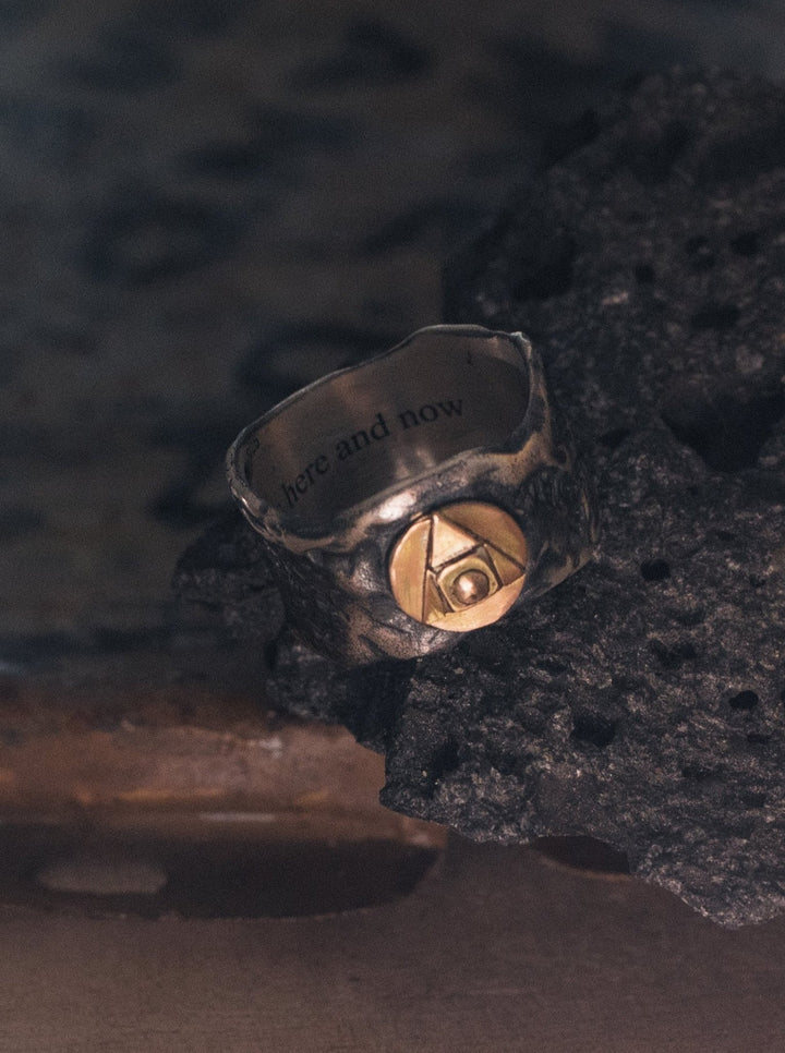 ALCHEMY Sterling Silver & Gold Band Ring / Wide Rustic Textured Massive Ring - ChintamaniAlchemi