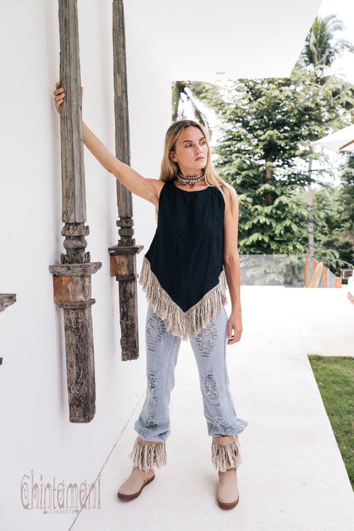 Alma Libra Corner Linen Top with Fringes / Black - ChintamaniAlchemi