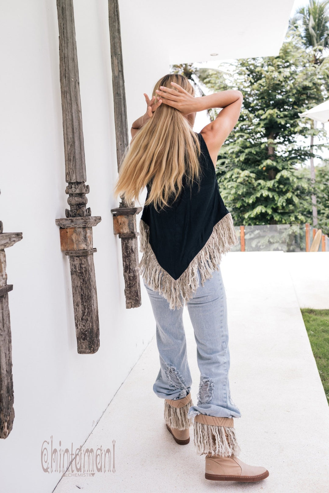 Alma Libra Corner Linen Top with Fringes / Black - ChintamaniAlchemi