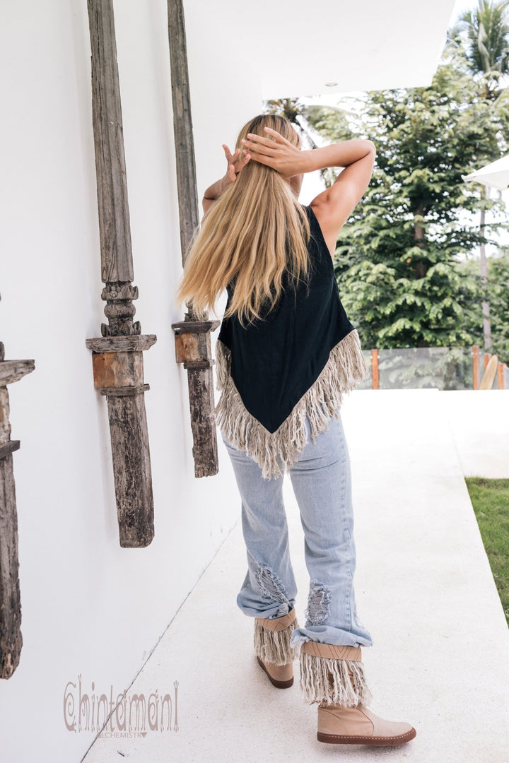 Alma Libra Corner Linen Top with Fringes / Black - ChintamaniAlchemi