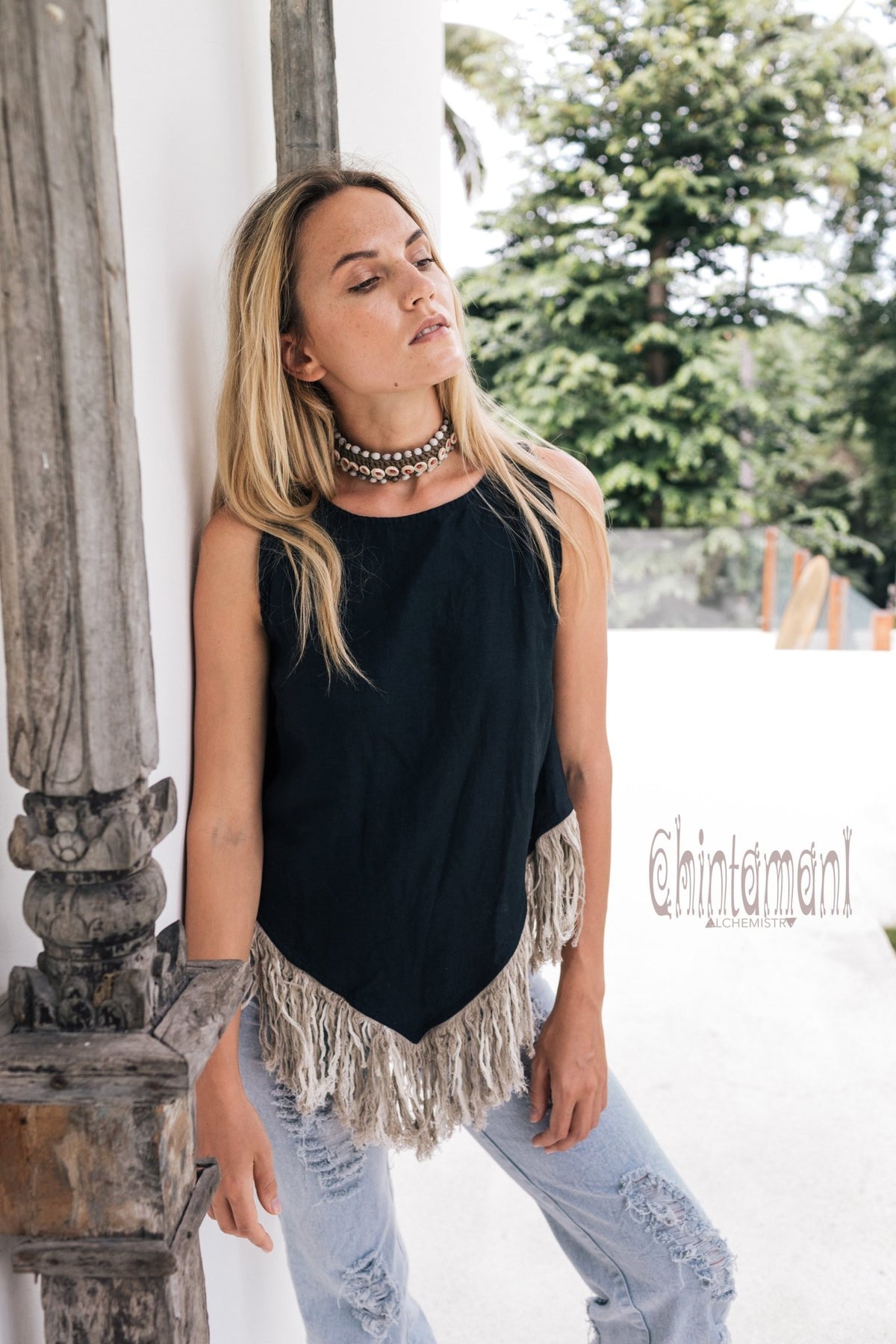 Alma Libra Corner Linen Top with Fringes / Black - ChintamaniAlchemi