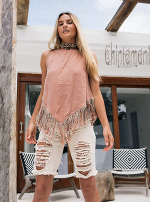 Alma Libra Corner Linen Top with Fringes / Dusty Pink - ChintamaniAlchemi