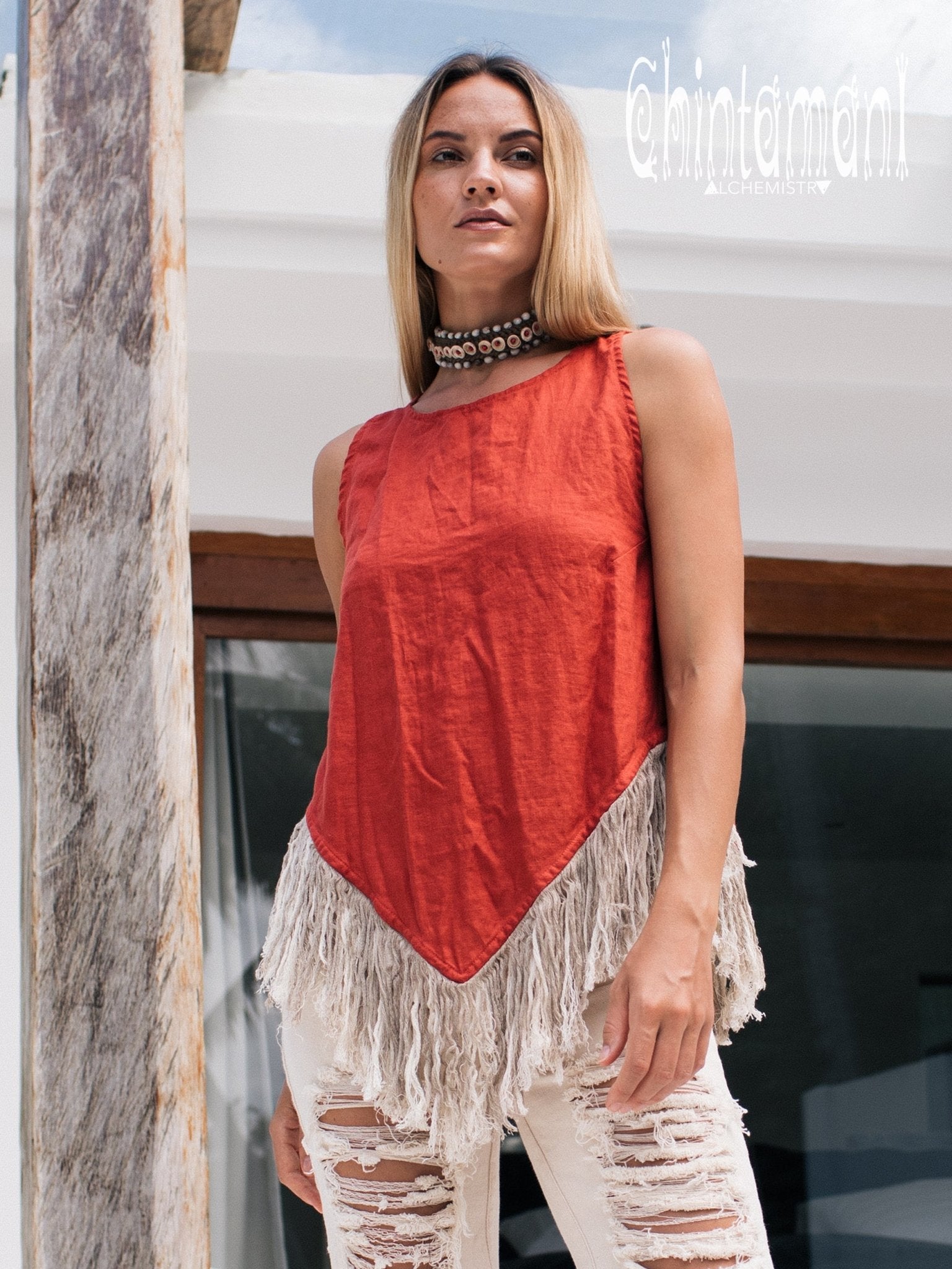 Alma Libra Corner Linen Top with Fringes / Red Ochre - ChintamaniAlchemi