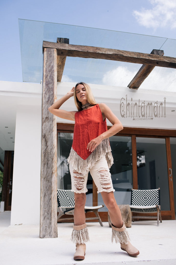 Alma Libra Corner Linen Top with Fringes / Red Ochre - ChintamaniAlchemi