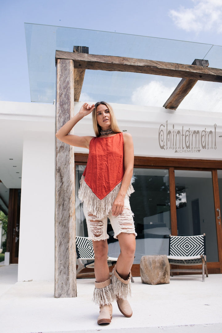 Alma Libra Corner Linen Top with Fringes / Red Ochre - ChintamaniAlchemi