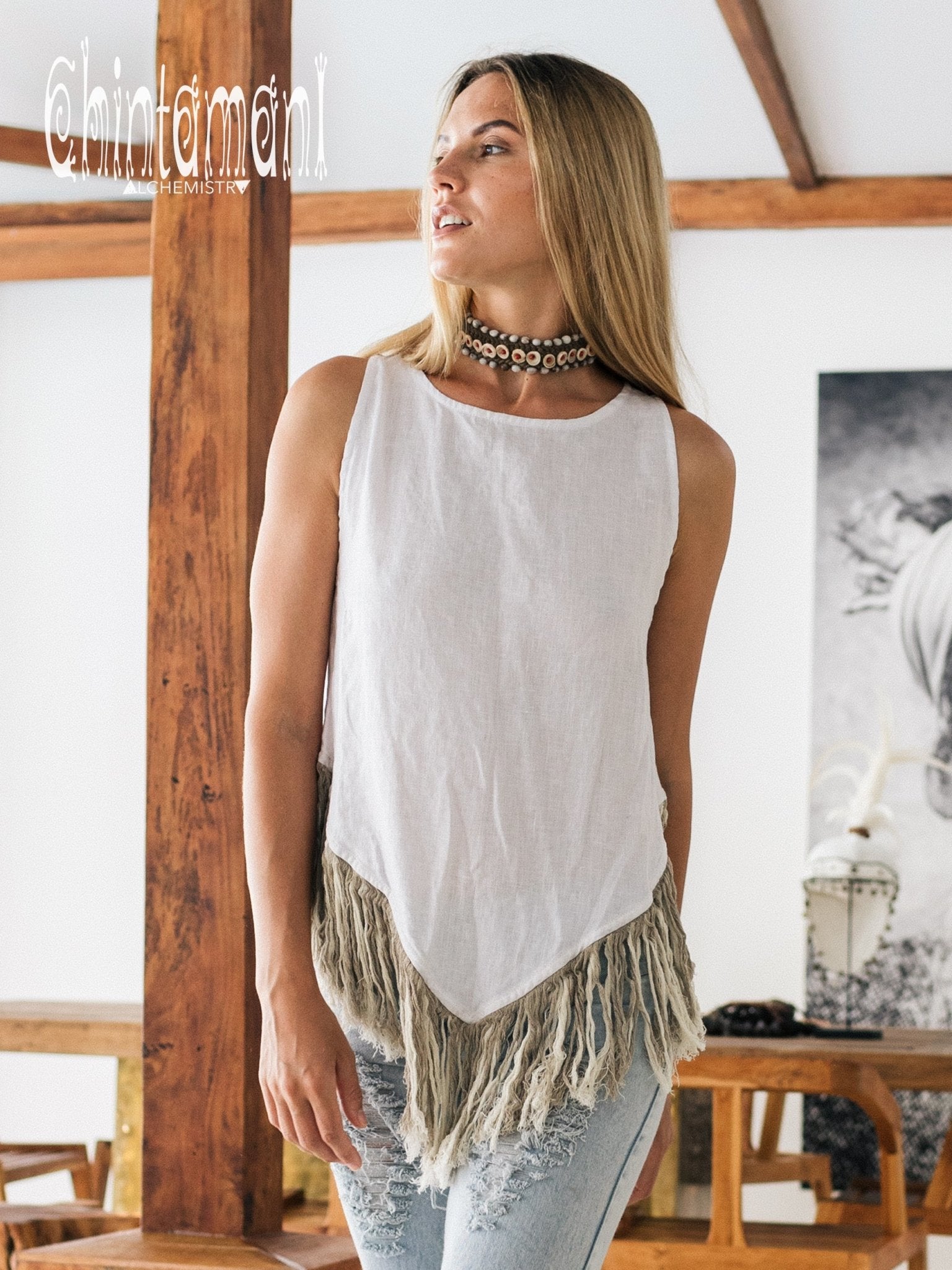 Alma Libra Corner Linen Top with Fringes / White - ChintamaniAlchemi