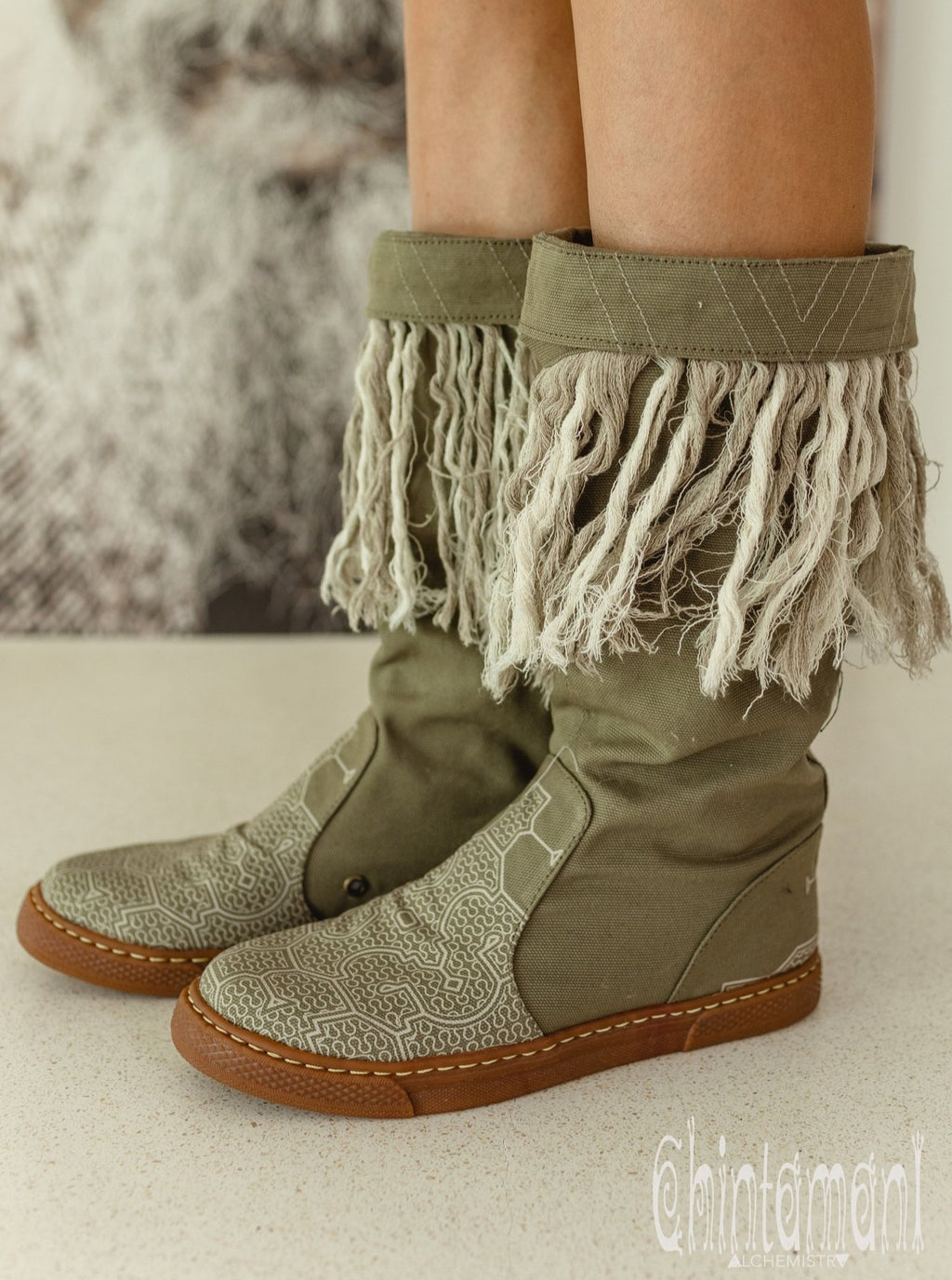 Alma Libra Cotton Canvas Vegan Fringe Boots / Boho High Shoes / Army Green - ChintamaniAlchemi
