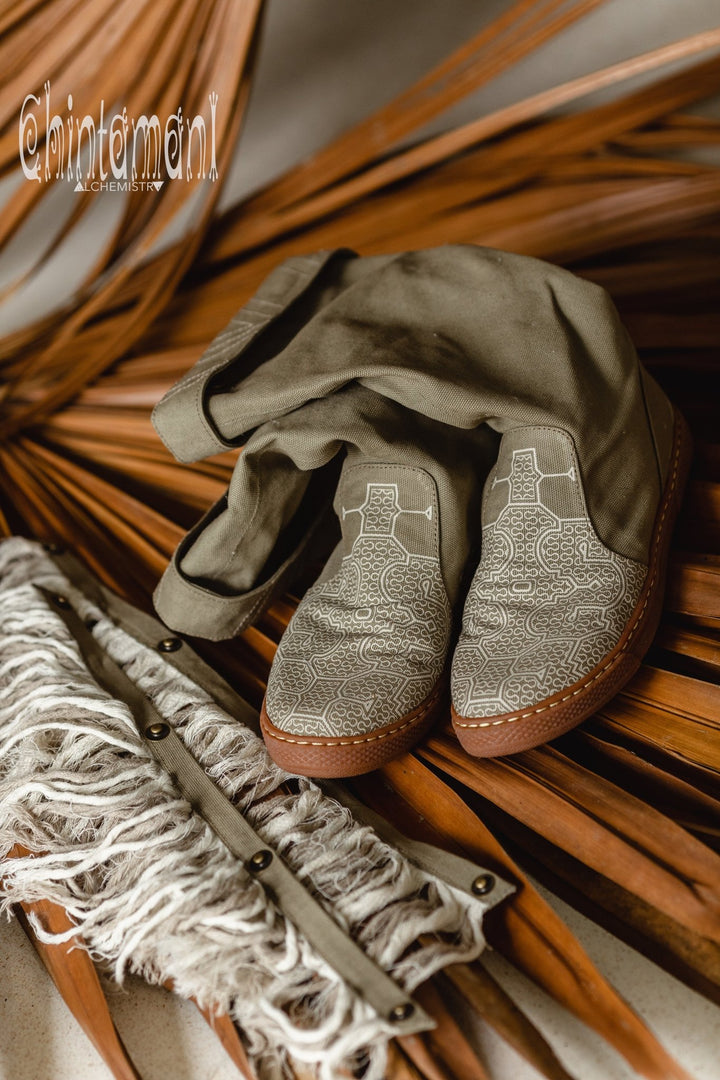 Alma Libra Cotton Canvas Vegan Fringe Boots / Boho High Shoes / Army Green - ChintamaniAlchemi
