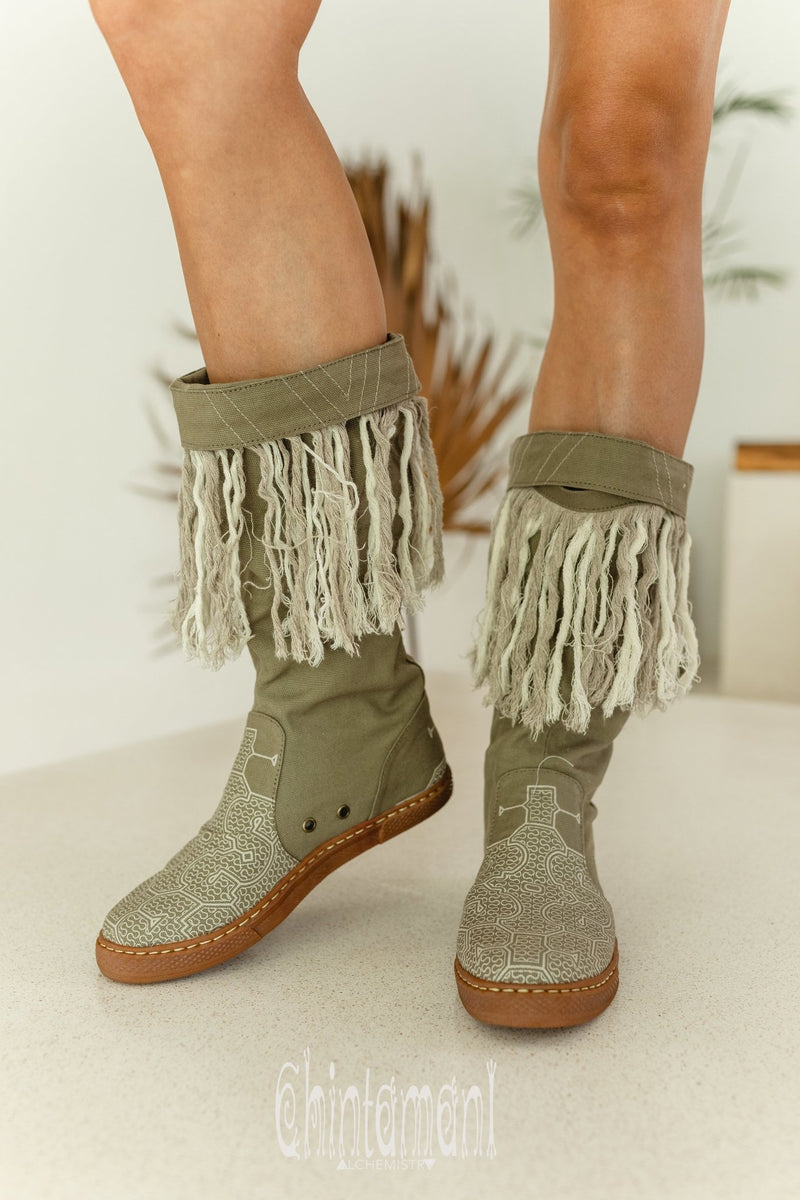 Alma Libra Cotton Canvas Vegan Fringe Boots / Boho High Shoes / Army Green - ChintamaniAlchemi