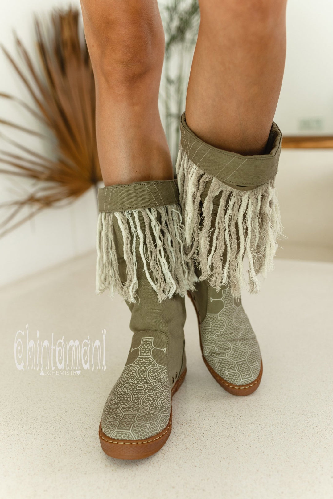 Alma Libra Cotton Canvas Vegan Fringe Boots / Boho High Shoes / Army Green - ChintamaniAlchemi