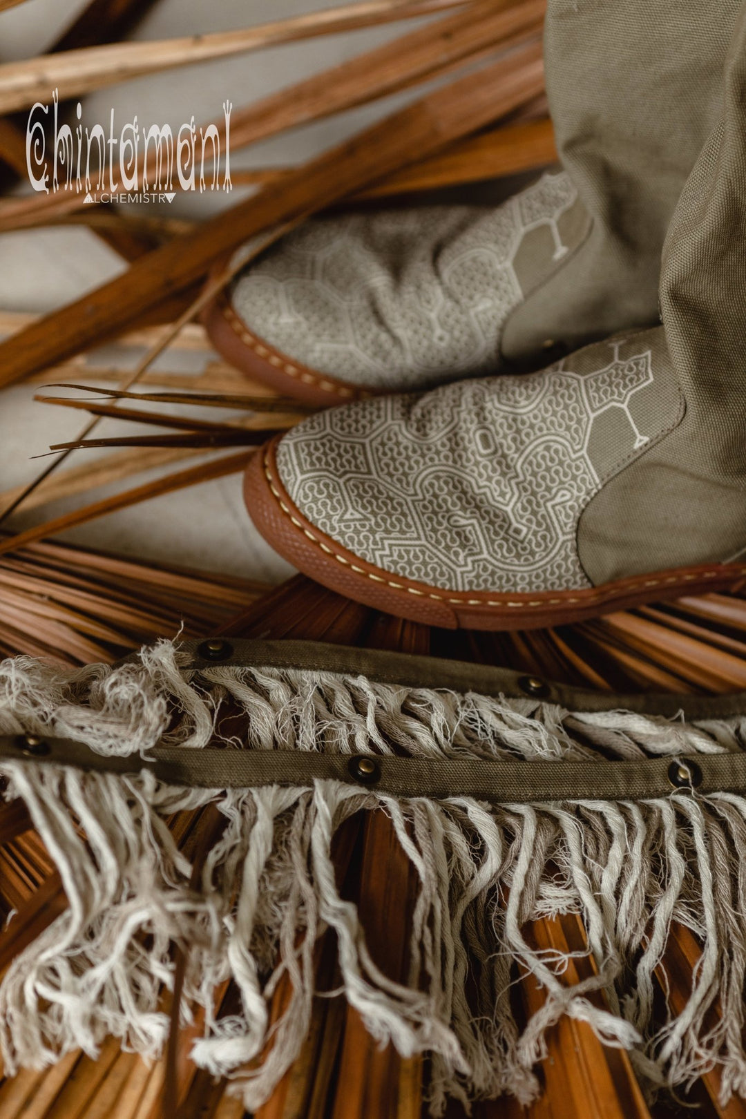 Alma Libra Cotton Canvas Vegan Fringe Boots / Boho High Shoes / Army Green - ChintamaniAlchemi
