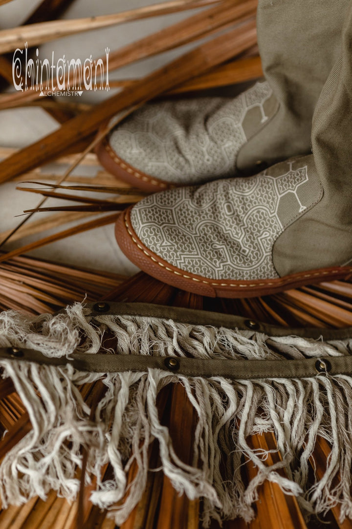Alma Libra Cotton Canvas Vegan Fringe Boots / Boho High Shoes / Army Green - ChintamaniAlchemi